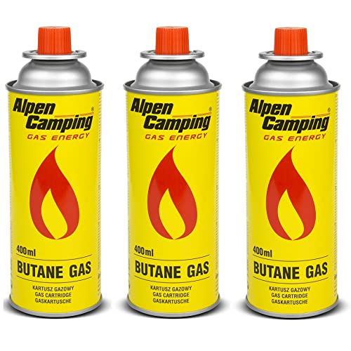 Alpen Camping Butan 3x400ml Gaskartuschen Gasflasche für Gaskocher Campingkocher Bunsenbrenner Lötbrenner 400ml EN417 (3 Stück) von Alpen Camping