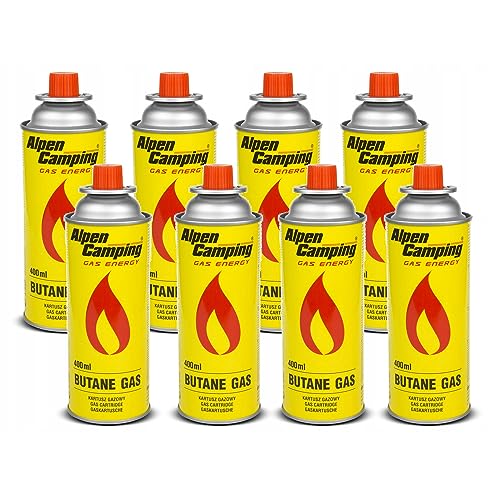 Alpen Camping Butan Gaskartusche 8x400ml Gasflasche für Gaskocher Campingkocher Bunsenbrenner Lötbrenner 400ml EN417 (8) von Alpen Camping