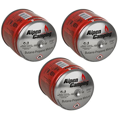 Alpen Camping IK006 3x 400 ml / 190g Gaskartuschen Propan-Butan Stechkartusche für Gaskocher Campingkocher Bunsenbrenner Lötbrenner EN417 Gas Block System (3 Stück) von Alpen Camping