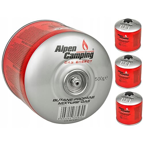 Alpen Camping IK008 4x 877 ml / 500g Gaskartusche mit Propan-Butan Schraubkartusche mit 7/16“ Anschluss für Gaskocher Campingkocher Bunsenbrenner Lötbrenner EN417 (4) von Alpen Camping