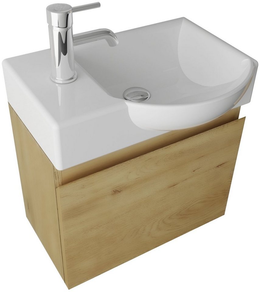 Alpenberger Badmöbel-Set - Gäste WC Waschbecken mit Unterschrank 45 cm Breit, (Badschrank 2-tlg., Waschtisch hängend), Waschbeckenunterschrank mit Softclose - Eiche Natur - Rechts Becken von Alpenberger