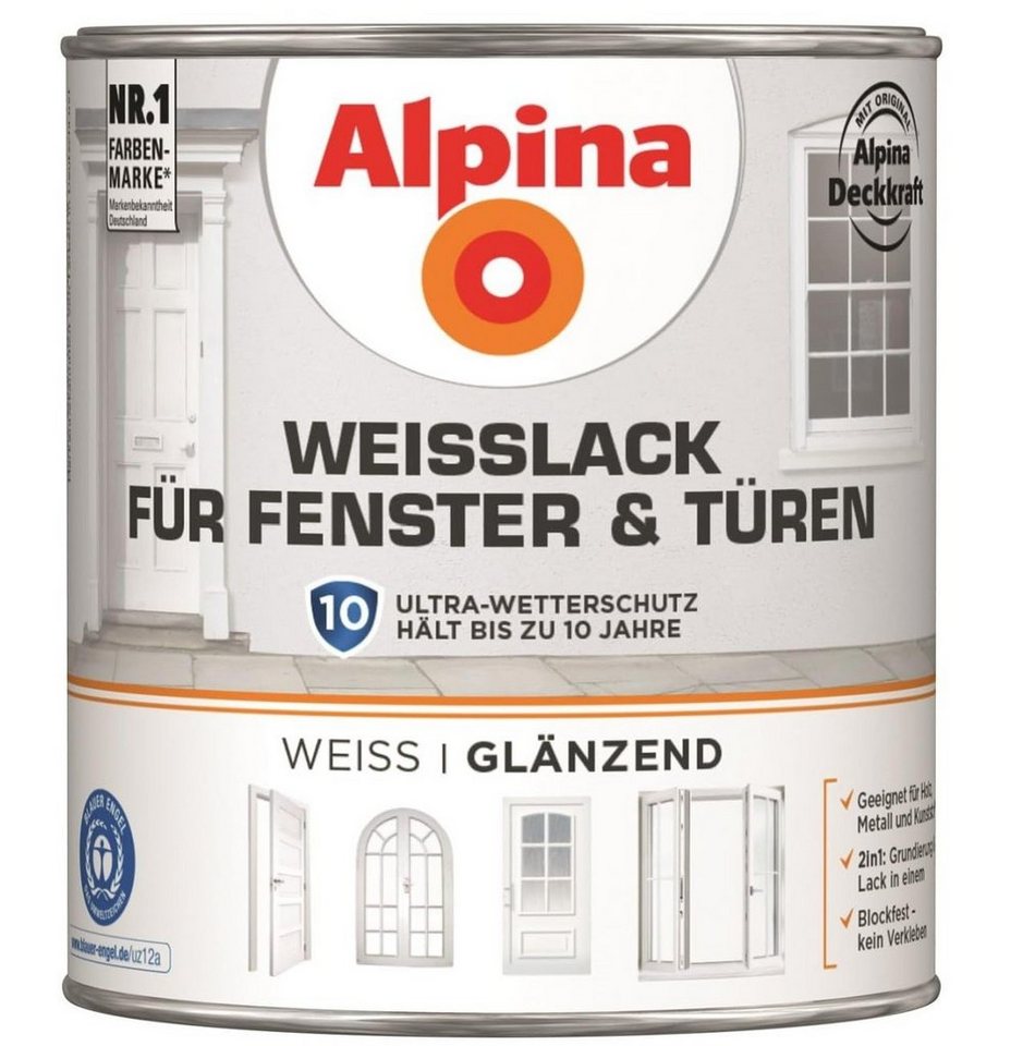 Alpina Weißlack ALPINA Weißlack für Fenster & Türen, glänzend, 750ml von Alpina