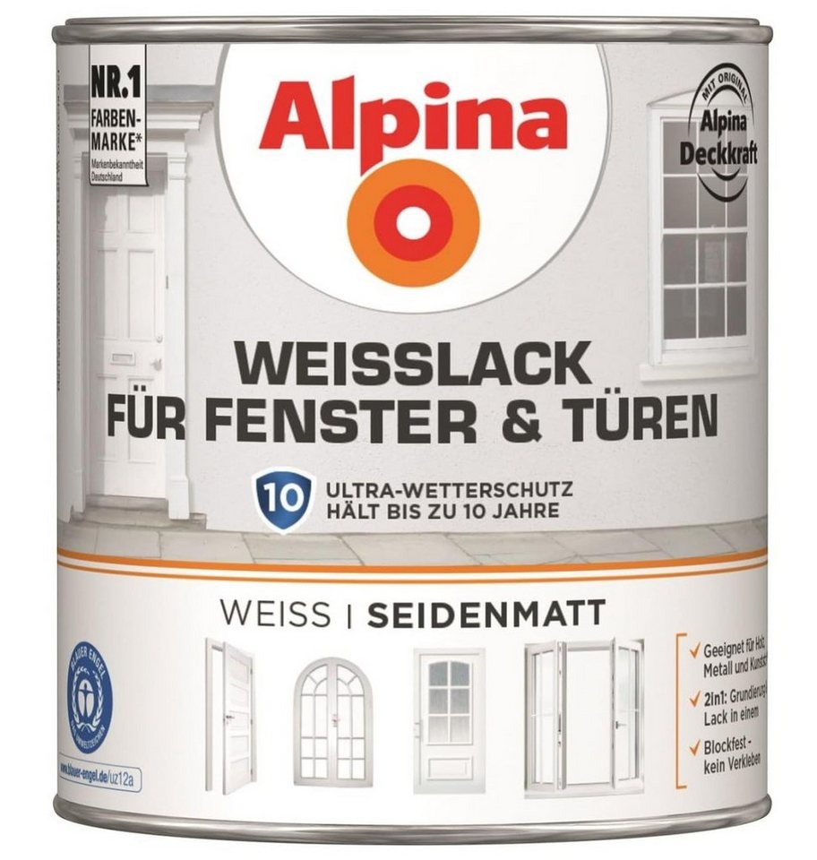 Alpina Weißlack ALPINA Weißlack für Fenster & Türen, seidenmatt, 750ml von Alpina