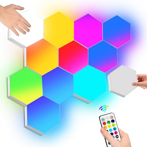 Hexagon LED Panel Wandleuchte mit Fernbedienung, RGB Sechseck Wandleuchte Interaktiv Touch-Steuerung Gaming LED Platten, DIY Hexagon LED Quantum Magic Panel für Gaming Wohnzimmer Geschenke, 6 Panel von Amailtom