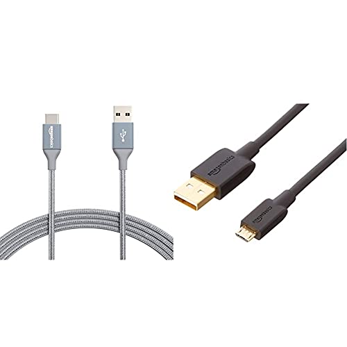 Amazon Basics - Verbindungskabel, USB Typ C auf USB Typ A, USB-2.0-Standard, 3 m, Dunkelgrau & 80P4V4 Verbindungskabel, USB 2.0, USB-A-Stecker auf Micro-USB-B-Stecker (1 Stück), 3,04 m, Schwarz von Amazon Basics