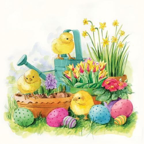 20 Servietten Ostern Küken an Pflanzen und Osereier als Tischdeko. Papierservietten mit Motiv. Auch für Decoupage und Serviettentechnik 33x33cm von Ambiente