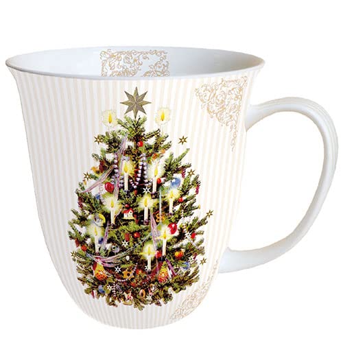 Ambiente Porzellan Tasse ca. 400ml Becher Bone China Mug Für Tee Oder Kaffee Herbst Winter Weihnachten X-Mas Tree Cream von Ambiente