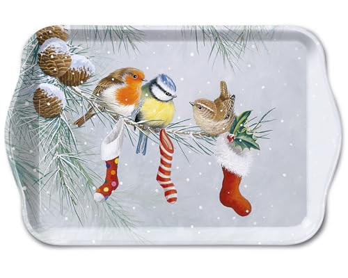 Ambiente Tablett Tray 13x21 cm Advent Weihnachten Vögel Socken Zweige Zeitloses Dekotablett mit klassischem Weihnachtsmotiv Serie Christmassocks von Ambiente