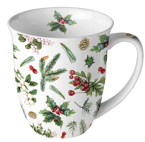 Ambiente Tasse 0,4 l Henkeltasse Becher Kaffeetasse Teetasse Weihnachtstasse Winter greenery Christmas Henkelbecher Mistelzweig von Ambiente