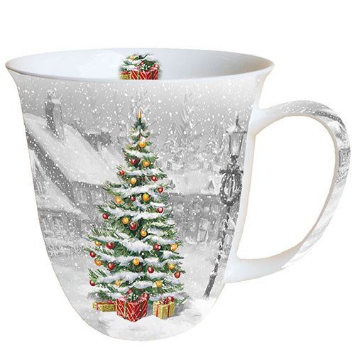 Ambiente Weihnachten Tasse Weihnachtsbaum auf einem quadratischen 0,4 l Fine Bone China Porzellan Becher, Mug, Tasse, Fuer Tee Oder Kaffee ca. 0,4L Tree On Square -Ideal Als Geschenk von Ambiente