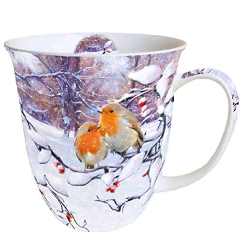 Porzellanbecher Robin on Branch Rotkehlchen Becher Bone China 0,4l Kaffeebecher Weihnachten von Ambiente