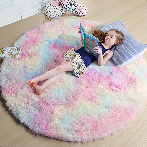 Flauschige Regenbogen-Teppiche für Mädchen, Schlafzimmer, 1.2 m, Einhorn-Raumdekoration, flauschiger Teppich für Wohnzimmer, Plüschteppich für Spielzimmer von Amdrebio