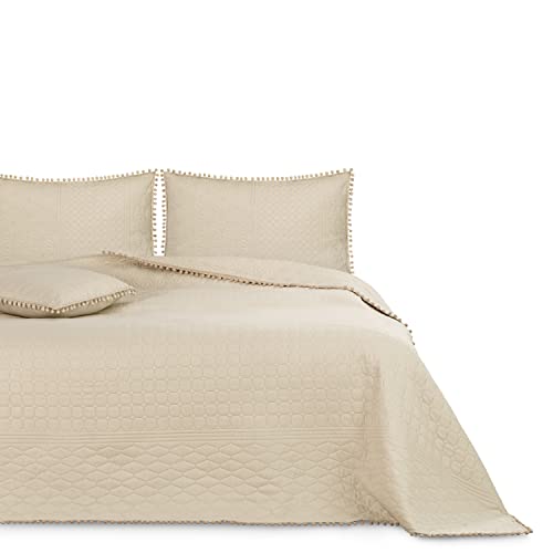 AmeliaHome Tagesdecke mit Pompons 170x210 cm Bettüberwürf zweiseitig Ultrasonic Steppung Polyester Meadore Beige von AmeliaHome