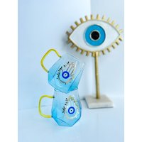 Evil Eye Design Hamsa Hand Latte Becher Espressotasse Blau Gold Glasbecher von AmidaByZaa