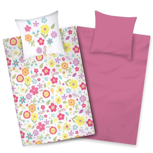 Aminata kids Bettwäsche 135x200 Mädchen Blumen Baumwolle Wende-Bettwäsche-Set Flowers Blumenwiese YKK Reißverschluss weiß pink Geschenk-e von Aminata kids