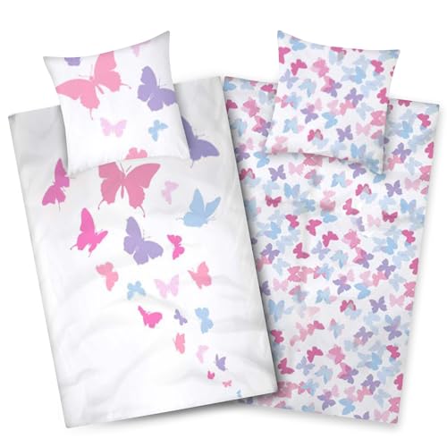 Aminata kids Bettwäsche Schmetterling 135x200 Mädchen Baumwolle Schmetterlinge bunt weiß | YKK Reißverschluss | Tier-Motiv Butterfly - Wende-Bettwäsche-Set weiß lila von Aminata kids