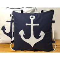 1x Landhausstil Maritime Kissenhüllekissenbezug Blau/Weiß Anker+Kordel 50x50cm von Ammerkind