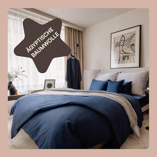 Amqua Mako Satin Bettwäsche Set 200x200cm + 40x80cm (2X Kissenbezüge), 100% ägyptische Baumwolle (Zertifiziert) Dunkelblau/Navy von Amqua