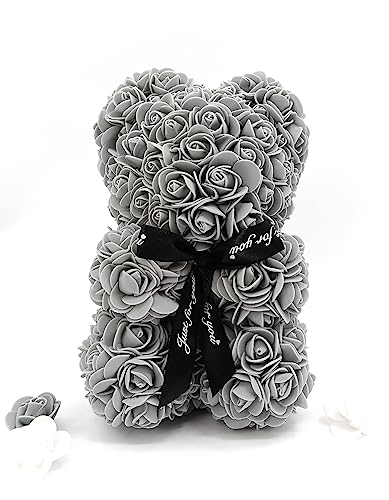 Amtang Rose Blume Bär Künstliche Blume Handgemachte Bär Für Valentinstag Geburtstage Romantische Hochzeiten Weihnachten Rose Geschenke (25 cm Grau) von Amtang