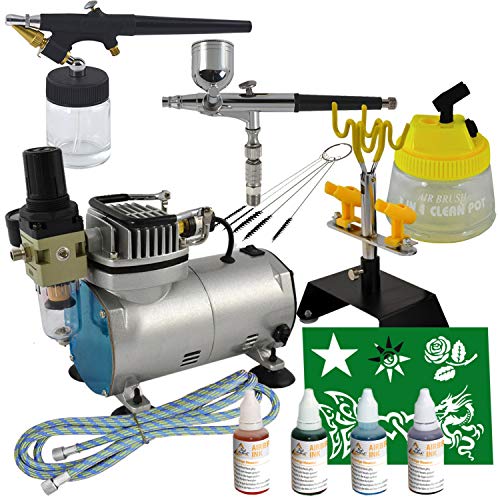 Profi-AirBrush AIRBRUSH SET AIRBRUSH KIT mit AIRBRUSH KOMPRESSOR 2 AIRBRUSHPISTOLEN AIRBRUSH FARBEN TATTOO AIRBRUSH SCHABLONEN AIRBRUSH HOLDER AIRBRUSH CLEAN POT und REINIGUNGSBÜRSTEN– Ideales Airbrush-Komplett-Set für Einsteiger und Fortgeschrittene von AMUR