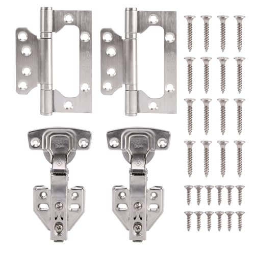 Scharnier Set,2 Scharnier Automatikscharnier und 2 Stüc-k Schlafzimmertürscharniere mit 28 Stüc-k Schrauben für Falttür, Küchenschrank (Silber) von Amusingtao