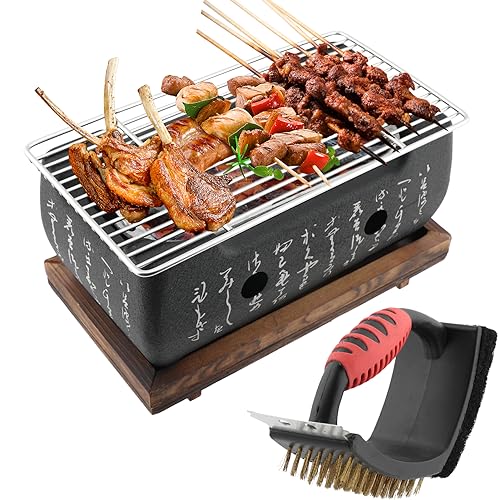 Tischgrill Holzkohle Japanischer Grill mit BBQ Reinigungsbürste, Mini BBQ Grill, Japanischer Stil BBQ Grill, BBQ Platte, Tragbarer Kochherd Tischplatte Party Zubehör Grillwerkzeuge von Amusingtao