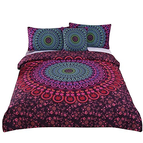 Andrui Bettwäsche Set Boho Mandala Blume Muster Bohemian Exotisch Rot & Lila Mehrfarbig 220x240cm Bettbezug und Kissenbezug King Bettwäsche mit Reißverschluss Pflegeleicht Ganzjährig von Andrui