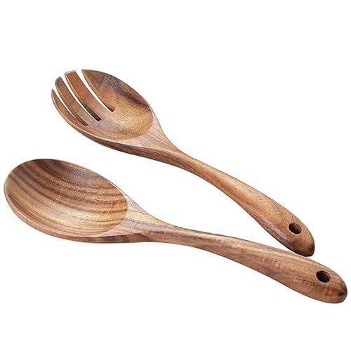 2 Stück Salatbesteck Holz - 10,2 Zoll Holz Servierlöffel Set Salat Mischen Abendessen Gabel Und Löffel Langgriff Salatzange Set von Anicy