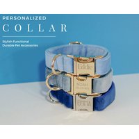 Blaues Hundehalsband-Set, Namensgravur Aus Dickem Samt, Welpenhalsband, Fliege Und Leine, Personalisiertes Hundehalsband Für Hochzeit Brautjungfer von AnnaPawCo