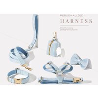 Blaues Hundegeschirr + Leine Halsband Fliege Kotbeutelhalter-Set, Personalisierter Schritt Im Geschirr, Schicker Luxus-Samt Mit Graviertem von AnnaPawCo