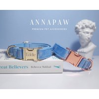 Himmelblaues Personalisiertes Hundehalsband-Set, Handgefertigtes Dickes Samt-Welpenhalsband Und Leine Für Jungen, Hochzeits-Hundehalsband Mit von AnnaPawCo