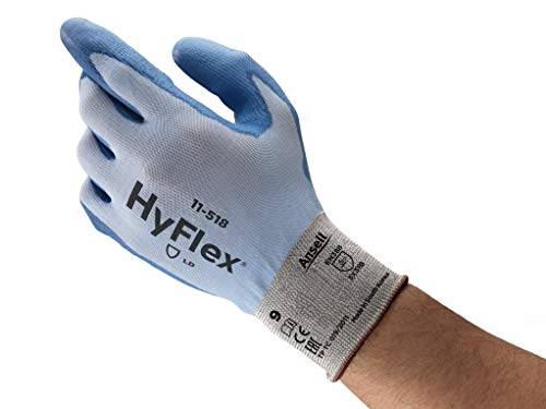 Ansell HyFlex 11-518 Schnittschutz-Handschuhe, Extrem Leichter Nahtlosträger, Hohe Fingerbeweglichkeit und Abriebfestigkeit, Mechanikschutz-Handschuh, Industrie PSA, Blau, Größe L (12 Paar) von Ansell