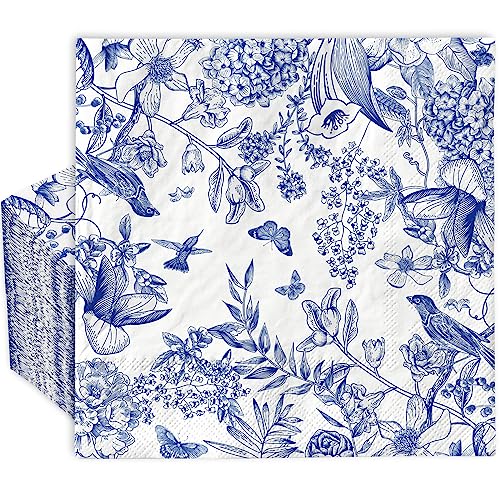 AnyDesign 80 Stück blau-weiße Blumen-Servietten Einweg-Vogel-Schmetterling-Blumen-Papierservietten, dekorative Dessert-Abendessen, Hand-Serviette für Geburtstag, Hochzeit, Partyzubehör, 16.5 cm von AnyDesign