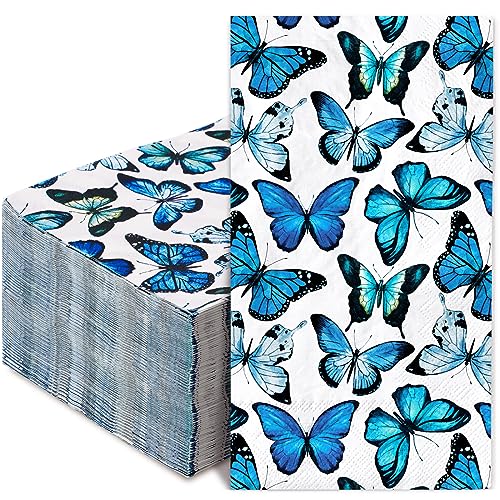 AnyDesign Schmetterlings-Gästeservietten, Einweg-Papierservietten, Motiv: blaue Schmetterlinge, Aquarell-Abendessen, Handservietten für Zuhause, Party, Küche, Bad, Urlaub, 33 x 39 cm, 3-lagig, 80 von AnyDesign