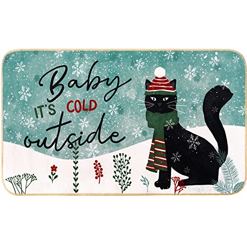AnyDesign Weihnachts-Fußmatte, schwarze Katze, Baby It's Cold Outdoor, Winter, Filz-Fußmatte mit rutschfester Gummi-Rückseite, Xmas Cartoon-Bodenmatte, Dekor, 43.2x73.7 cm von AnyDesign