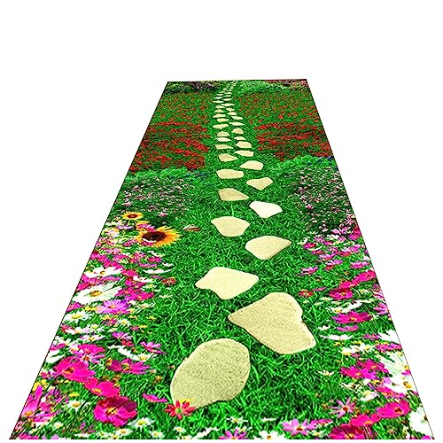 AoBloom Rutschfester grüner Teppichläufer für drinnen und draußen, zuschneidbarer Eingangsteppichläufer mit Steinstufen und Blumen, moderner Flurteppich von AoBloom
