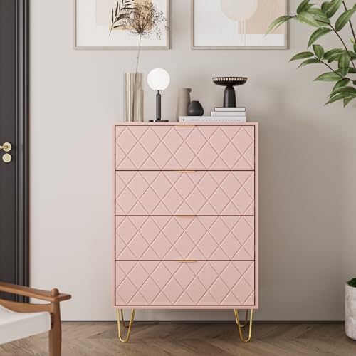 Aobafuir Kommode mit 4 Schubladen, Schubladenkommode, hohe Aufbewahrungskommode, Schrank, Organizer-Einheit mit Metallbeinen, kleine Kommode für Schlafzimmer, Wohnzimmer, Schrank, Flur, rosa Diamant von Aobafuir