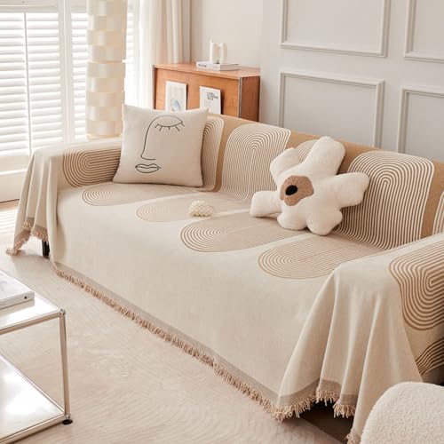 Aoguni Double Sided Chenille Sofa Cover, Chenille Double-Sided Sofa Towel, Chenille Couch Cover Blanket, Universal Magic Sofa Cover, Multi-Purpose Tassel Couch Cushion Towel (Beige,180 * 150cm) von Aoguni