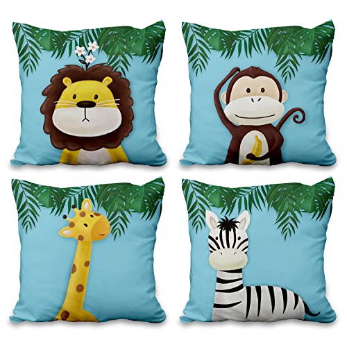 Aoihrraan 51x51cm 4er Set Süß Karikatur Tier Dekorativ Kissenbezug Wald AFFE Giraffe Blumen Pflanze Quadratische Sofakissen Baby Blau Dekokissen Aus Leinen Kinder Party Schlafzimmer Sofa Bett Auto von Aoihrraan