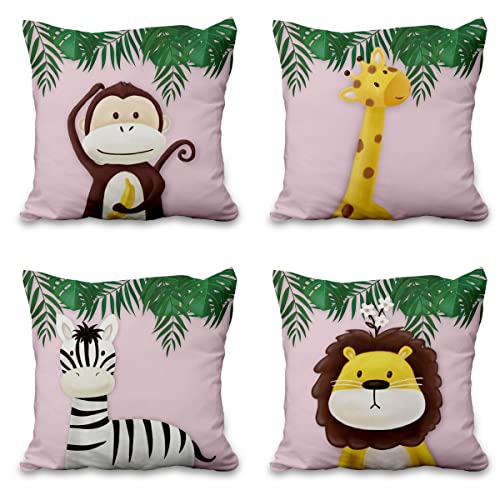 Aoihrraan 51x51cm 4er Set Süß Karikatur Tier Dekorativ Kissenbezug Wald AFFE Giraffe Blumen Pflanze Quadratische Sofakissen Hellrosa Dekokissen Aus Leinen Kinder Party Sofa Baby Schlafzimmer Bett von Aoihrraan