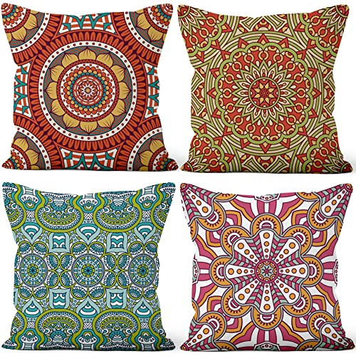 Aoihrraan 55x55cm 4er Set Dekorativ Boho Stil Kissenbezug Rot Grün Bohemien Mandalas Blume Pattern Weicher Plüsch Quadratischer Kissenbezug Wohnzimmer Draussen Balkon Patio Stuhl Garten Sofá von Aoihrraan