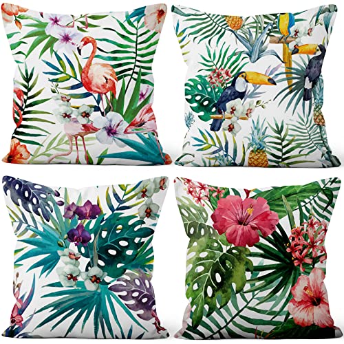 Aoihrraan Kissenbezüge 4er Set, Tropischer Sommer Wurfs Kissenbezug Flamingo Blatt Blumen Muster Weicher Kurzer Plüsch Quadrat Kissenbezug für Sofa Couch Schlafzimmer Auto Stuhl Wohnkultur 60x60cm von Aoihrraan