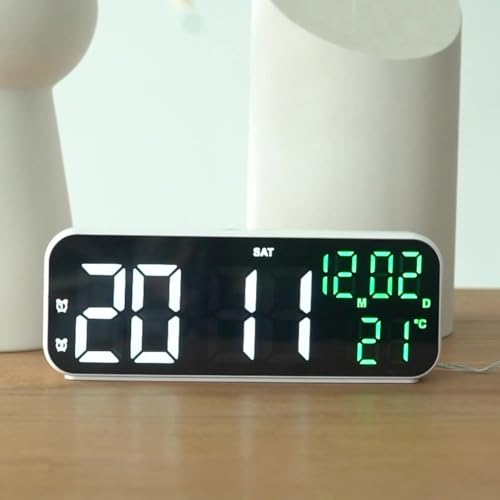 Aolyty Digitale LED-Schreibtischuhr, 22,9 cm Wecker mit einstellbarer Helligkeit, Sprachsteuerung, Nachttischuhr mit Temperatur- und Datumsanzeige (weiß-grün) von Aolyty