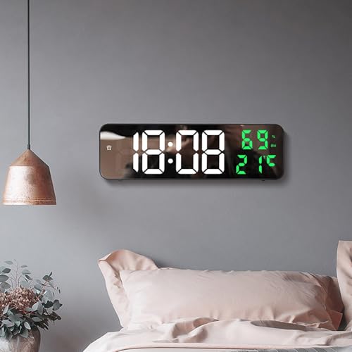 Aolyty LED-Wanduhr, digitaler Wecker mit einstellbarer Helligkeit, großer Bildschirm, Nachttischspiegeluhr mit Temperaturanzeige, Datum, Luftfeuchtigkeit (Weiß Grün) von Aolyty