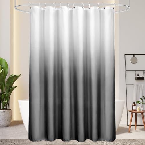 AooHome Duschvorhang 180X200cm Textil, Grau Duschvorhänge 120g/m² Dick Stoff Farbverlauf Badvorhang Wasserdicht Waschbar Antischimmel mit 12 Duschvorhangringen(Weiß nach Schwarz) von AooHome