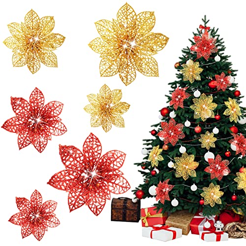 Aoriher 3 Größen Glitzer Weihnachtsstern Dekorationen Rot und Gold Künstliche Weihnachtssterne Baumschmuck mit Clips Weihnachtsblumen für Hochzeit Urlaub Party Dekoration von Aoriher