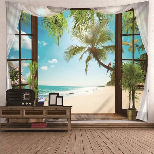 Aotiwe Tuch Wand, Boho Wandbehang Tuch Fenster Strandbaum Blau Grün Wandteppich aus Polyester Wall Decoration 240x220cm von Aotiwe