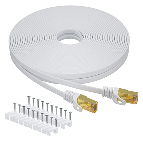 Aouensly CAT 7 Ethernet kabel 25m, Hochgeschwindigkeits Gigabit RJ45 Flach 10Gbps 600MHz Patchkabel Abgeschirmt, weißes LAN-Netzwerk Internetkabel Kompatibel für Switch, Router, Modem,PC, Laptop von Aouensly