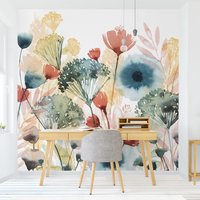 Tapete Blumen Selbstklebend - Bunte Wildblumen Aquarell Watercolour Weiß | Fototapete Xxl Vliestapete Schlafzimmer Blumentapete von ApalisHOME