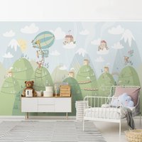 Tapete Kinderzimmer - Wolken Himmel Ballon Landschaft | Babyzimmer Kinder Kindertapete Fototapete Babytapete Baby Wandbild Berge von ApalisHOME